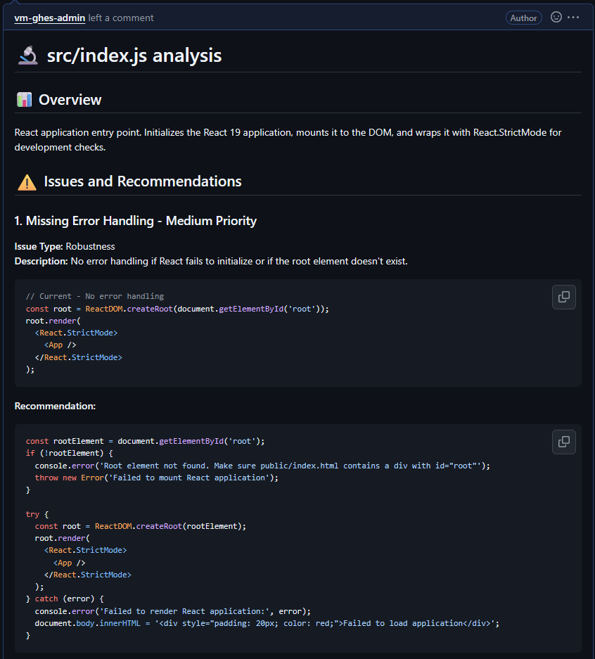 Example output from the CLI Reviewer Agent