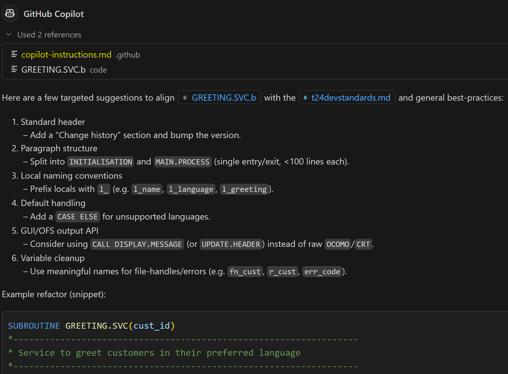 Example response from Copilot using Copilot Instructions