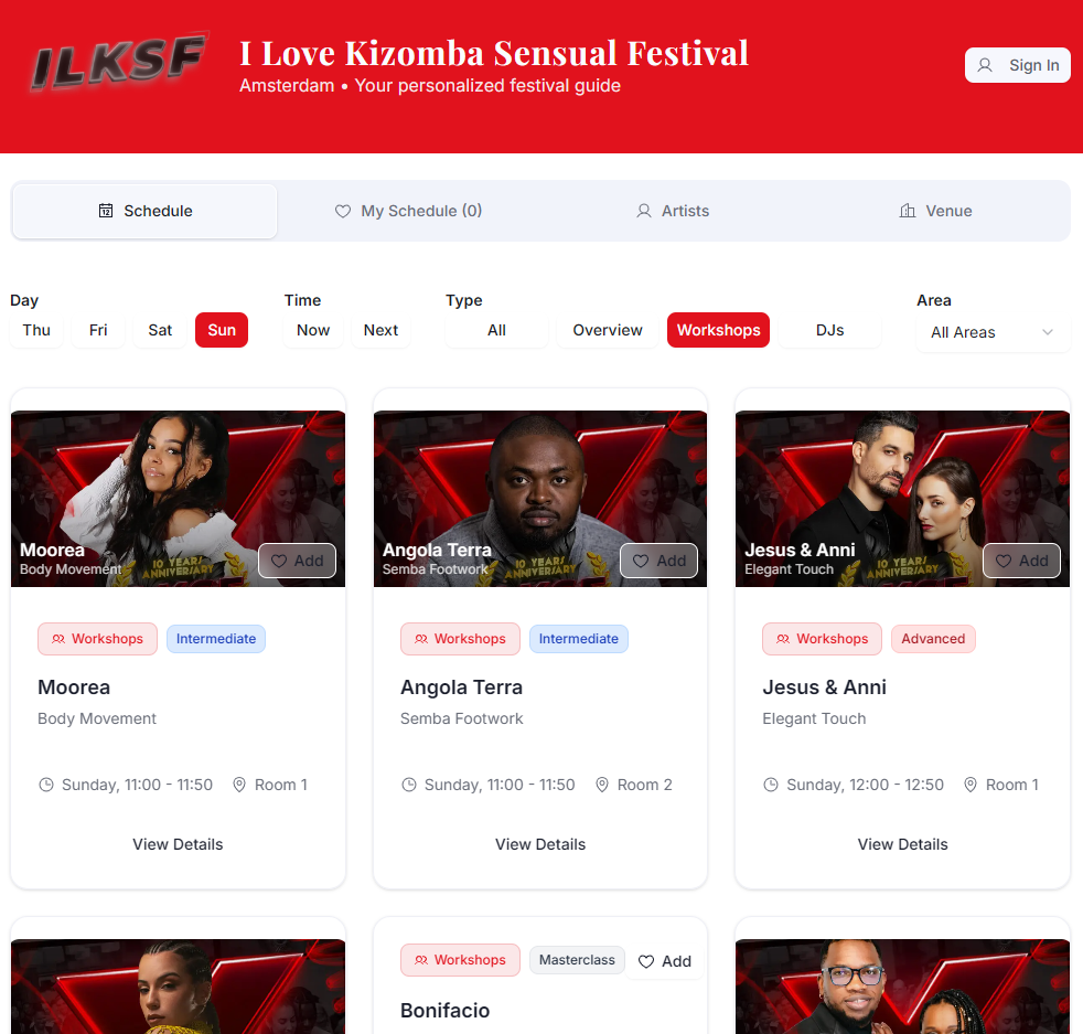 Example festival guide on MyFestivalPlan